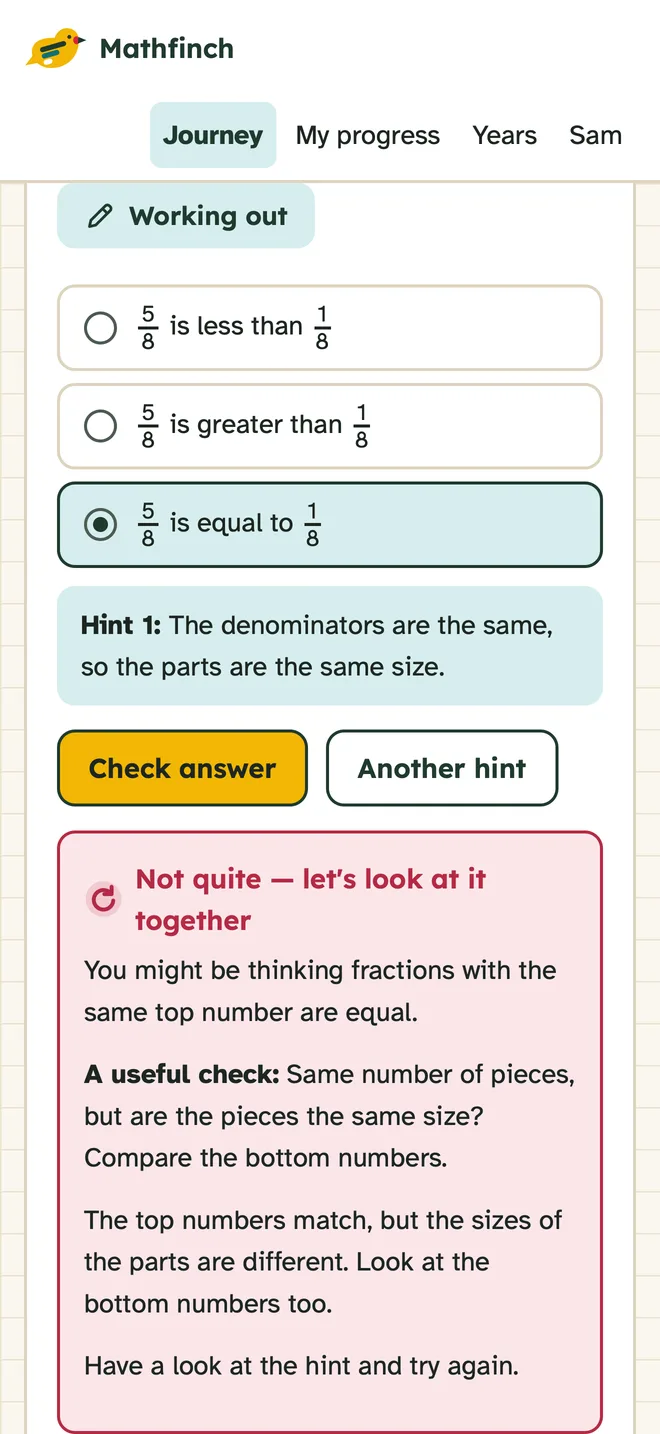 Mathfinch feedback explaining the likely mistake in a wrong answer