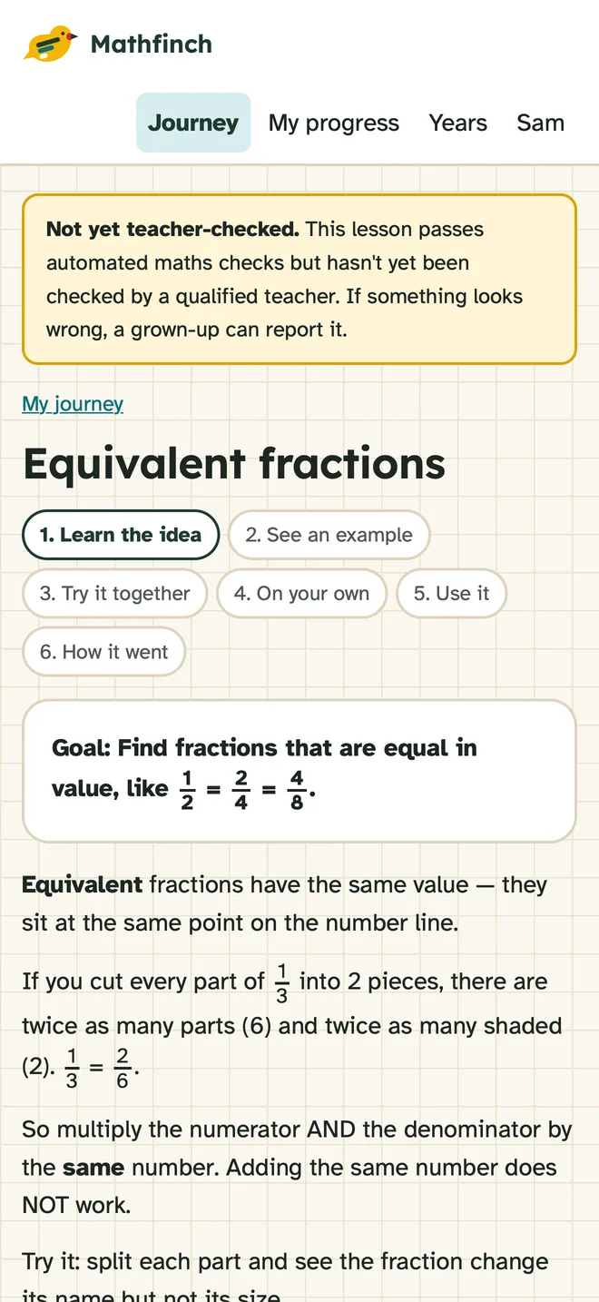 A Mathfinch lesson on equivalent fractions